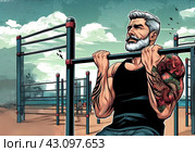 Пожилой мужчина с седыми волосами в отличной физической форме подтягивается на турниках. Стоковое AI-изображение, AI-художник Сергей Сергеев / Фотобанк Лори