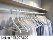 Close-up of white hangers on a white closet. The concept of order and storage in the house. Стоковое AI-изображение, AI-художник Photojuli / Фотобанк Лори