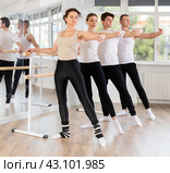 Dancing positive women and men engaged in group class perform exercise near ballet barre, standing in 2nd position of ballet stance in dance studio. Стоковое фото, фотограф Яков Филимонов / Фотобанк Лори