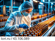 Production of medicines. A pharmacist checks medical vials on an automatic conveyor of a pharmaceutical factory production line using artificial intelligence. Стоковое AI-изображение, AI-художник Photojuli / Фотобанк Лори
