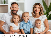 Mom and dad with three small children, close-up. Family portrait, the concept of family relations. The program of state support for families with children. Стоковое AI-изображение, AI-художник Анна Маркина / Фотобанк Лори