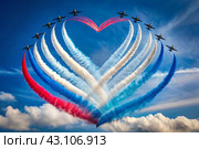 The concept of celebrating Russia Day on June 12. Military aircraft paint a heart in the colors of the Russian tricolor with smoke in the sky. White, blue, red smoke. Стоковое AI-изображение, AI-художник Photojuli / Фотобанк Лори