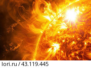 Solar flare on the Sun, causes magnetic storms on Earth. Стоковое AI-изображение, AI-художник Ольга Ильина / Фотобанк Лори