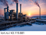 Industrial factory with furnace and heat exchanger cracking hydrocarbons, sunset. Equipment petrochemical plant. Manufacturing and industry technology concept. Gen ai illustration. Copy ad text space. Стоковое AI-изображение, AI-художник Aleksandr Golubev / Фотобанк Лори