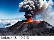 View of volcanic eruption, volcanic lava up from crater above, clouds and steam in sky. Scenery of crater from fire volcano. Global earth ecological concept. Gen ai illustration. Copy ad text space. Стоковое AI-изображение, AI-художник Aleksandr Golubev / Фотобанк Лори