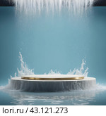 A stage with a fountain and a podium with the words quot water quot on it. Стоковое AI-изображение, AI-художник Элеонора Петрова / Фотобанк Лори