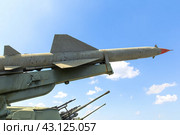 Defense forces weapon. Antiaircraft missles rocket with warhead aimed to the sky. Стоковое фото, фотограф Евгений Ткачёв / Фотобанк Лори