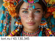 Woman wearing vibrant, multi-colored dress and wreath dancing tribal on ethnic celebratory event. traditional clothing, and joyful expressions of diverse cultural festivals and celebrations. Стоковое AI-изображение, AI-художник Ирина Михайличенко / Фотобанк Лори