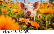 Cute, beautiful pig in a field with flowers in nature, in sunny pink rays. Стоковое AI-изображение, AI-художник ALLA YURTAYEVA / Фотобанк Лори