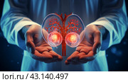 Female doctor touchstone virtual Heart in hand. Blurred photo, handrawn human organ, highlighted red as symbol of disease. Healthcare hospital service concept stock photo. Стоковое AI-изображение, AI-художник ALLA YURTAYEVA / Фотобанк Лори
