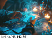 astrologer, fortune teller using tarot cards, mysticism, astrology, predictions. Стоковое AI-изображение, AI-художник Ольга Ильина / Фотобанк Лори