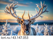 Reindeer graze against the background of a winter tundra landscape. Snow is falling. Snowstorm. Стоковое AI-изображение, AI-художник Photojuli / Фотобанк Лори