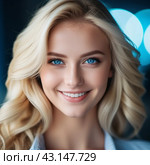 Portrait of a smiling beautiful young blonde girl or woman with straight flowing hair, blue eyes, long eyelashes and white teeth. Anamorphic bokeh. Friendliness, charm, joy and happiness. Generated AI. Стоковое AI-изображение, AI-художник Юлия Петровская / Фотобанк Лори