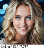 Portrait of a smiling beautiful young blonde girl or woman with straight flowing hair, blue eyes, long eyelashes and white teeth. Anamorphic bokeh. Friendliness, charm, joy and happiness. Generated AI. Стоковое AI-изображение, AI-художник Юлия Петровская / Фотобанк Лори