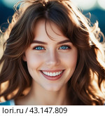 Portrait of a smiling beautiful young portrait of a brown-haired girl or woman with straight flowing hair, blue eyes,plump lips, long eyelashes and white teeth. Sunny weather. Joy and happiness. AI. Стоковое AI-изображение, AI-художник Юлия Петровская / Фотобанк Лори