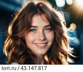Portrait of a smiling beautiful young portrait of a brown-haired girl or woman with straight flowing hair, blue eyes,plump lips, long eyelashes and white teeth. Sunny weather. Joy and happiness. AI. Стоковое AI-изображение, AI-художник Юлия Петровская / Фотобанк Лори