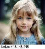 Portrait of a small beautiful pretty Caucasian girl with long blond flowing hair, blue eyes and chubby cheeks. Child outdoors. Direct, intelligent, calm, curious look. Childhood, retro vintage. AI. Стоковое AI-изображение, AI-художник Юлия Петровская / Фотобанк Лори