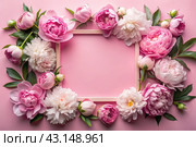 A frame with beautiful peony flowers on a pastel pink background. Flat layout, top view, place to copy, summer flowers. Стоковое AI-изображение, AI-художник Photojuli / Фотобанк Лори
