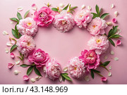 A heart-shaped frame with beautiful peony flowers on a pastel pink background. Flat layout, top view, place to copy, summer flowers. Стоковое AI-изображение, AI-художник Photojuli / Фотобанк Лори