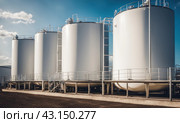 White spherical tanks for storing hydrogen gas at outdoor storage facility. Natural gas tank - LNG or liquefied natural Industrial Spherical gas storage equipment. Gas tank farm in petroleum refinery, AI. Стоковое AI-изображение, AI-художник Sergey Grishin / Фотобанк Лори