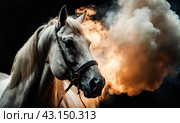 Artistically lit horse head with thick smoke and fumes on black background. Beautiful alert black brown stallion horse in fog mist smoke looking curious worried free majestic regal mythological, AI. Стоковое AI-изображение, AI-художник Sergey Grishin / Фотобанк Лори