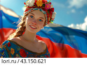 Красивая девушка на фоне флага России. Стоковое AI-изображение, AI-художник Щеголева Ольга / Фотобанк Лори