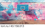 Empty Basketball Court With Graffiti Walls. Стоковое AI-изображение, AI-художник Юлия Гапеенко / Фотобанк Лори