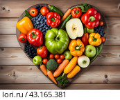 Heart of vegetables and fruits on wooden table flatlay top view. Стоковое AI-изображение, AI-художник Наталья Симакова / Фотобанк Лори