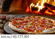Pizza Cooking by Fire. Стоковое AI-изображение, AI-художник Юлия Гапеенко / Фотобанк Лори