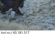 A man hammers a peg into the ground, there is frost on the ground мужчина вбивает колышек в землю, на земле иней. Стоковое видео, видеограф Опока Алексей / Фотобанк Лори