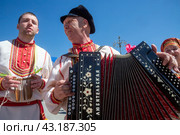 Мужчина играет на гармони у Центрального входа на ВДНХ в городе Москве, Россия (2024 год). Редакционное фото, фотограф Николай Винокуров / Фотобанк Лори