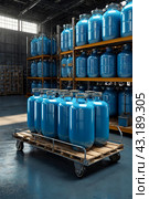 Industrial interior of warehouse storage of chemical liquids on racks and trolley. Liquid blue package storage in warehouse. Concept of industry warehousing and stored of goods. Copy ad text space. Стоковое AI-изображение, AI-художник Aleksandr Golubev / Фотобанк Лори