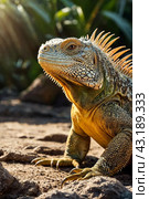 land iguana (Conolophus subcristatus) endemic to Galapagos islands. Lizards (Conolophus) in tropical animal world. Observation of wildlife area. Holiday adventure in Ecuador. Стоковое AI-изображение, AI-художник Aleksandr Golubev / Фотобанк Лори