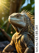 land iguana (Conolophus subcristatus) endemic to Galapagos islands. Lizards (Conolophus) in tropical animal world. Observation of wildlife area. Holiday adventure in Ecuador. Стоковое AI-изображение, AI-художник Aleksandr Golubev / Фотобанк Лори