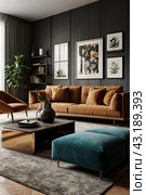 Modern interior of home living room with designer furniture with sofa, mirror, shelves, armchair and elegant personal accessories. Stylish neutral home decor. Design style concept. Copy ad text space. Стоковое AI-изображение, AI-художник Aleksandr Golubev / Фотобанк Лори