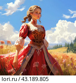 A beautiful girl in a national costume is standing in a field. Стоковое AI-изображение, AI-художник Елена Смыкова / Фотобанк Лори