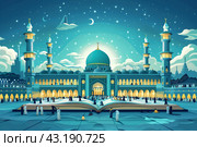 Stylized mosque under starry skies, perfect for religious and cultural celebration themes. Card for an Islamic holiday. Стоковое AI-изображение, AI-художник Мария Фадеева / Фотобанк Лори