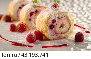 Raspberry cream roll cakes on a white background. Sweet joy. Стоковое AI-изображение, AI-художник Ярославский Максим / Фотобанк Лори