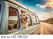 The concept of traveling with animals. A dog sticks its head out of the window of a car, a tourist van during a trip on a hot sunny day. Стоковое AI-изображение, AI-художник Photojuli / Фотобанк Лори