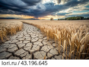 The concept of global warming on planet Earth. Dry and cracked earth and a field of wheat. The farmer's wheat crop is dead, dead, withered. The effects of climate change. Стоковое AI-изображение, AI-художник Photojuli / Фотобанк Лори
