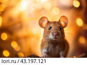 Little rat sits outdoors among autumn natural blurred background. Cute surprised mouse walking outside. Soft focus. Side view of animal Rattus with funny face. Warm sunset light. Стоковое AI-изображение, AI-художник Евгений Демидюк / Фотобанк Лори