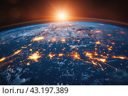Nightly planet Earth in dark outer space. Civilization. Elements of this image furnished by NASA. Стоковое AI-изображение, AI-художник Ирина Михайличенко / Фотобанк Лори
