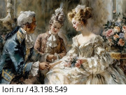 Scene from the 18th century, executed in a picturesque style. Three people are dressed in luxurious outfits of the time: the men are in camisoles and jabots, and the woman is in a fluffy dress with lace. Стоковое AI-изображение, AI-художник Анна Кривицкая / Фотобанк Лори