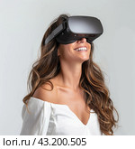 Женщина в очках виртуальной реальности. woman using virtual reality headset, showcasing a blend of technology, white background. Стоковое AI-изображение, AI-художник Katsiaryna Repich / Фотобанк Лори