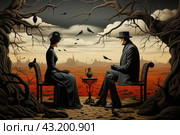 A mystical scene where a man and a woman, dressed in formal black clothes, sit on chairs opposite each other. They are in a desert landscape with red soil and distant mountains on the horizon. Dark clouds are gathering above them, and black crows are flying and sitting around them. Стоковое AI-изображение, AI-художник Анна Кривицкая / Фотобанк Лори