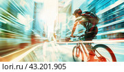 Banner with selective focus of a male businessman riding a bicycle around the city. Стоковое AI-изображение, AI-художник Ярославский Максим / Фотобанк Лори