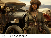 Young woman of African descent in a vintage outfit standing in front of a vintage car. She is wearing a long, high-waisted olive dress, adorned with many accessories and beads. On her head is a vintage hat that completes the look. In the background is an old car with brass headlights and wheels and tires, showing signs of wear and age. Стоковое AI-изображение, AI-художник Анна Кривицкая / Фотобанк Лори