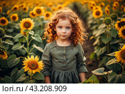 Summer flowering. Portrait of a beautiful curly-haired girl and a green dress in a blooming field of sunflowers Childhood. The girl poses and looks at the camera. Стоковое AI-изображение, AI-художник Photojuli / Фотобанк Лори