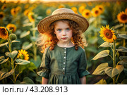 Summer flowering. Portrait of a beautiful curly-haired girl in a straw hat and a green dress in a blooming field of sunflowers Childhood. The girl poses and looks at the camera. Стоковое AI-изображение, AI-художник Photojuli / Фотобанк Лори