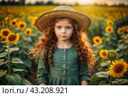 Summer flowering. Portrait of a beautiful curly-haired girl in a straw hat and a green dress in a blooming field of sunflowers Childhood. The girl poses and looks at the camera. Стоковое AI-изображение, AI-художник Photojuli / Фотобанк Лори